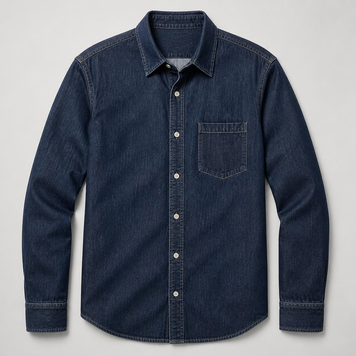 Dark blue long-sleeve denim shirt with button front and chest pocket