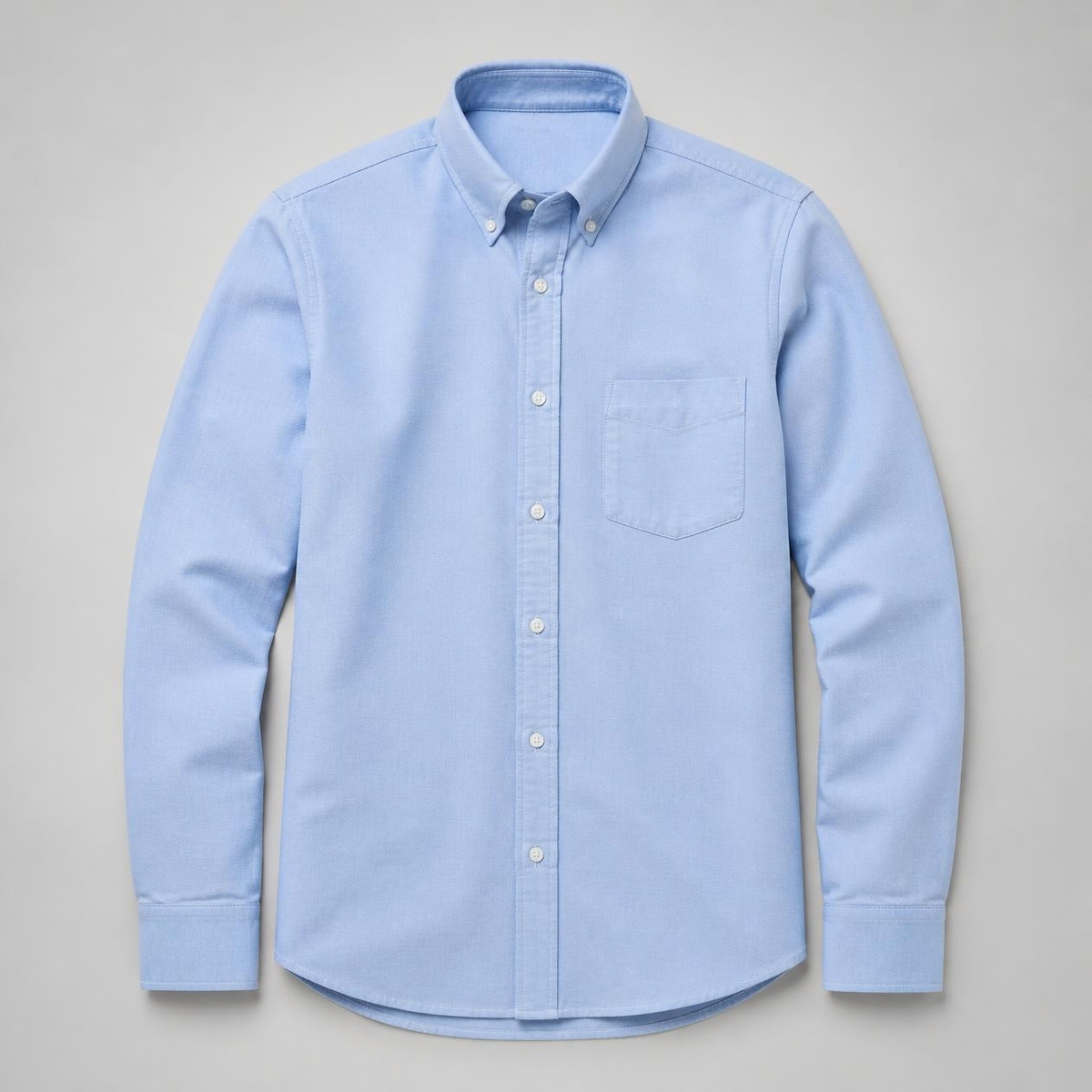 Light blue long-sleeve Oxford shirt with button-down collar and chest pocket