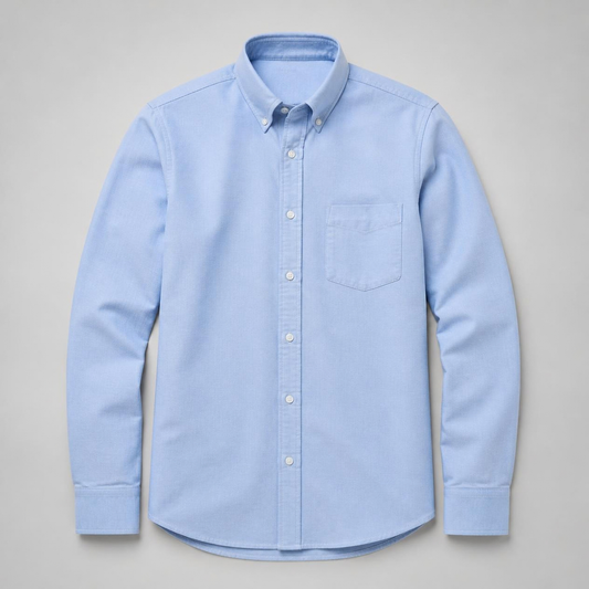 Light blue long-sleeve Oxford shirt with button-down collar and chest pocket