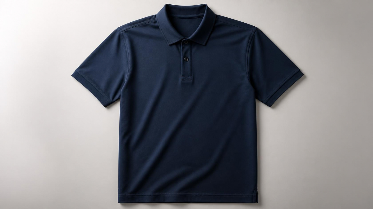 Navy short-sleeve polo shirt with collar and button placket