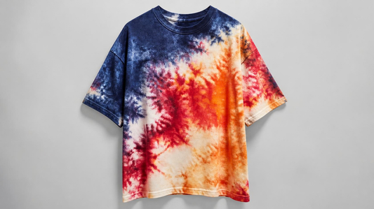 Oversized crew neck T-shirt with navy, red, orange and cream tie-dye pattern