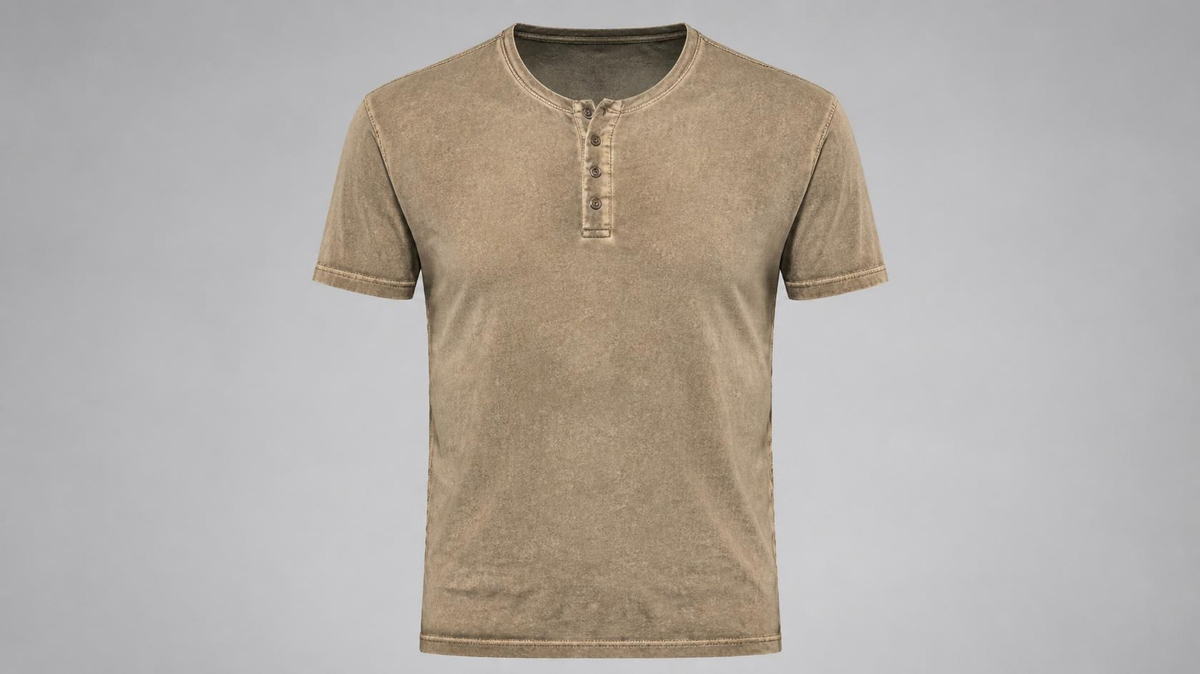 Tan sand wash short-sleeve Henley T-shirt with button placket