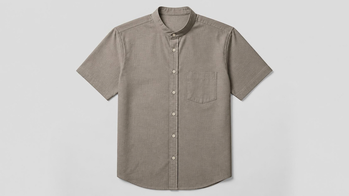 Taupe short-sleeve mandarin collar button-up shirt with chest pocket