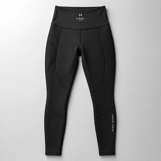 Hawi Sports Compression Leggings in black, high-waisted with contoured stitching and side logo