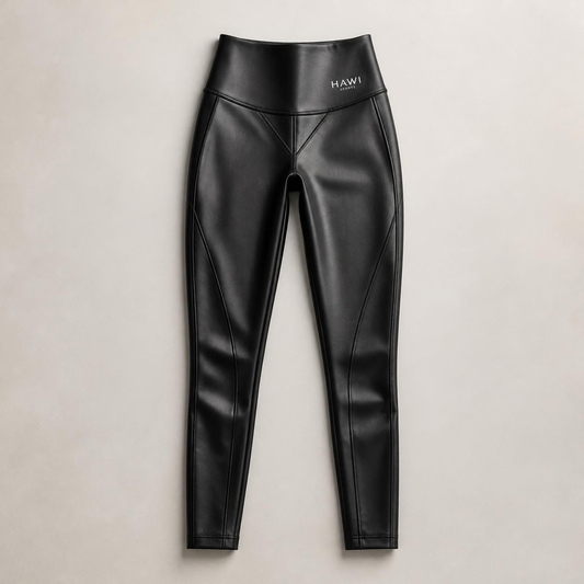 Hawi Sports faux leather leggings in black with a high-waisted band and side logo
