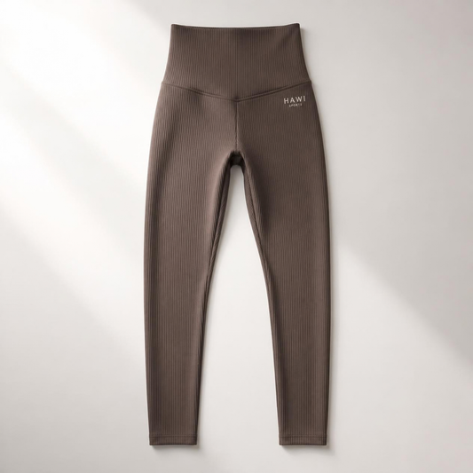 Hawi Sports Ribbed Leggings in brown with a high-waisted ribbed band and side logo