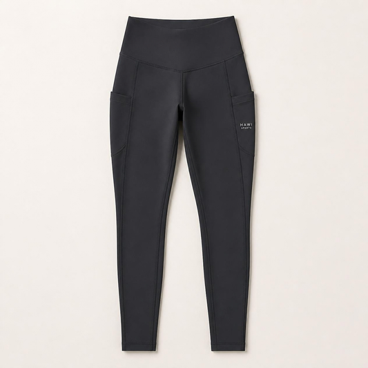 Hawi Sports High-Waisted Pocket Leggings in black with deep side pockets on both thighs