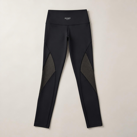 Hawi Sports Mesh Leggings in black with breathable mesh panels along the thighs and calves