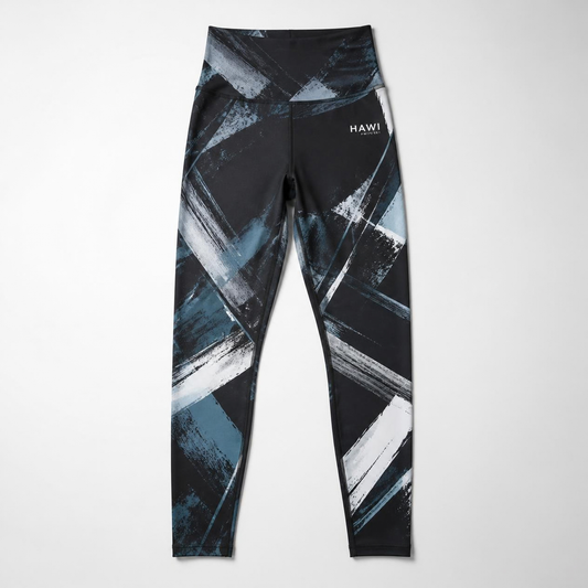 Hawi Sports Printed Leggings with abstract brushstroke patterns in blue, white, and black