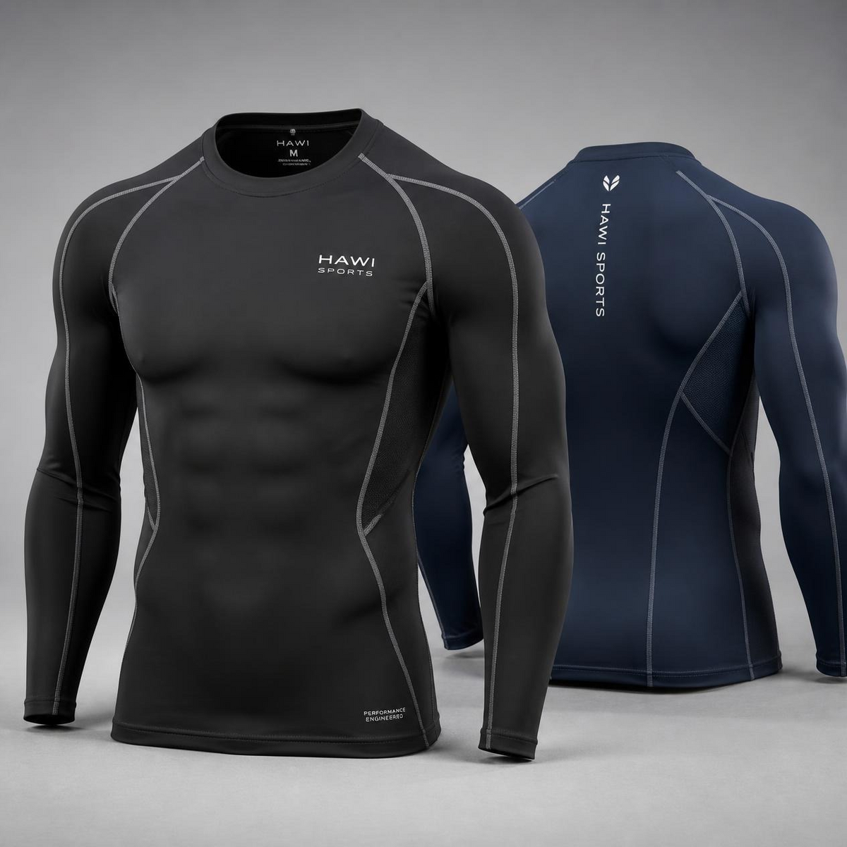Front and back of dark long-sleeve Hawi Sports rugby compression base layer top