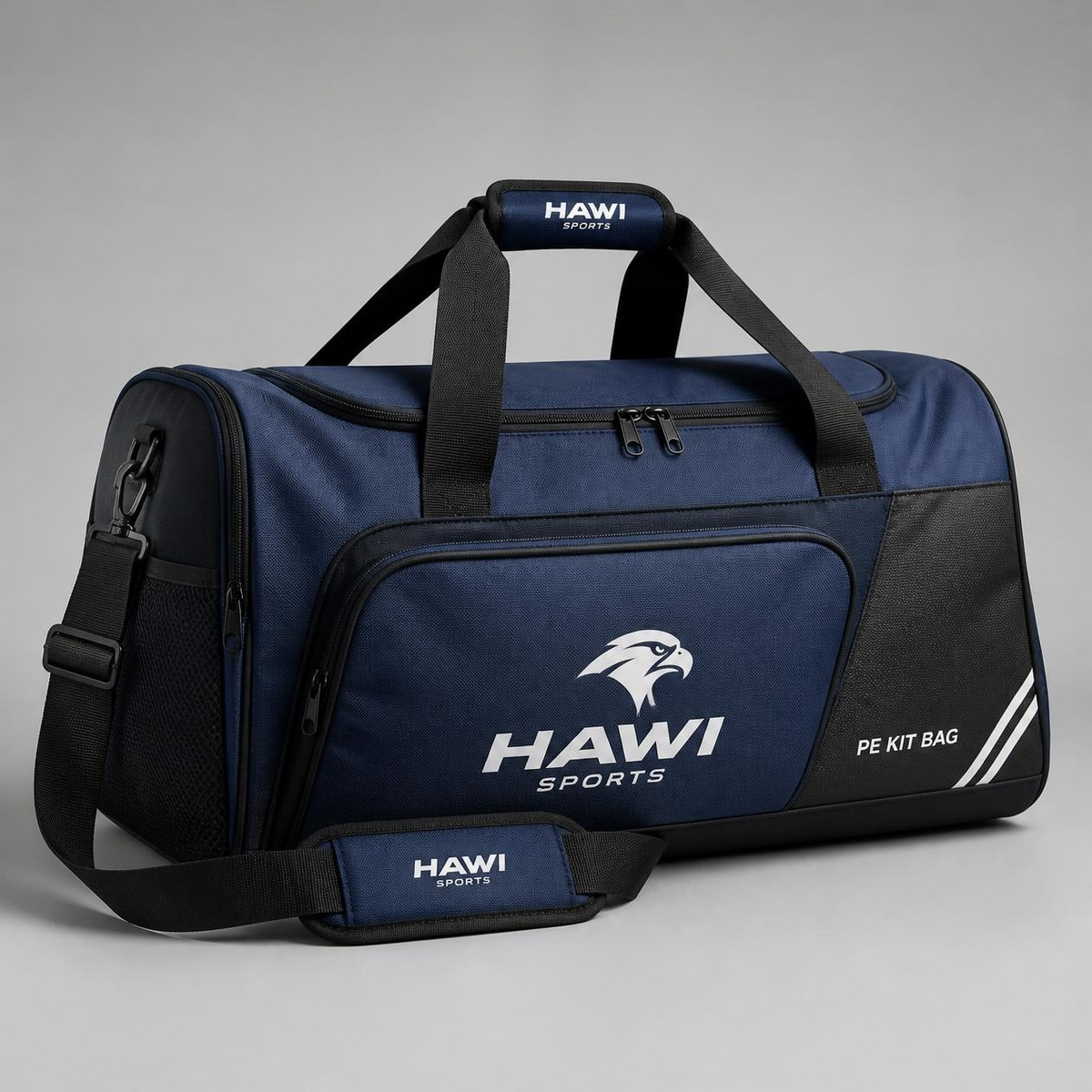 Navy and black Hawi Sports school PE kit bag with shoulder strap and front pocket