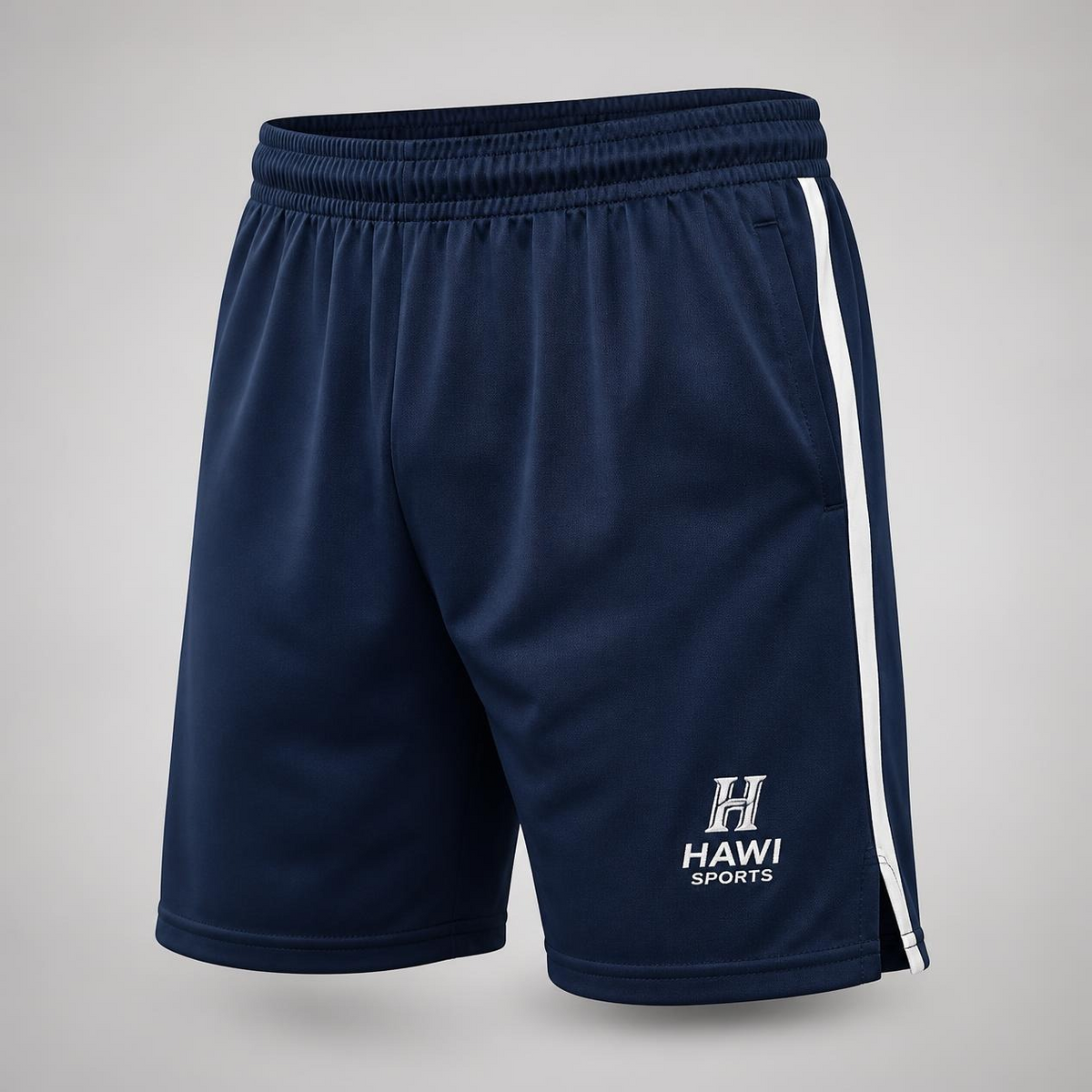 Navy Hawi Sports school sports shorts with white side stripe and elastic waistband