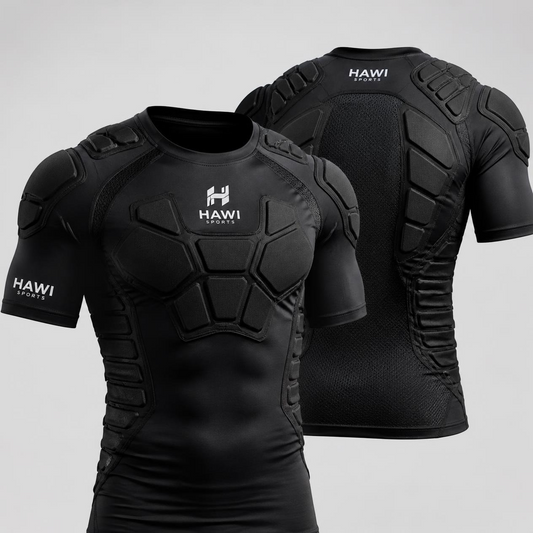 Front and back of black Hawi Sports short-sleeve rugby padded undershirt