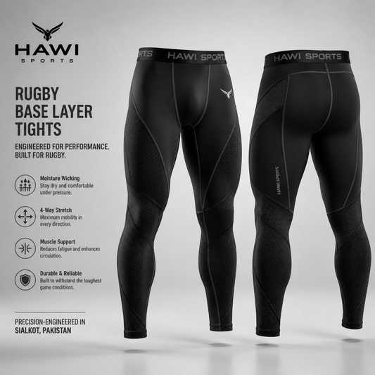 Front and back of black Hawi Sports rugby base layer tights with branded waistband