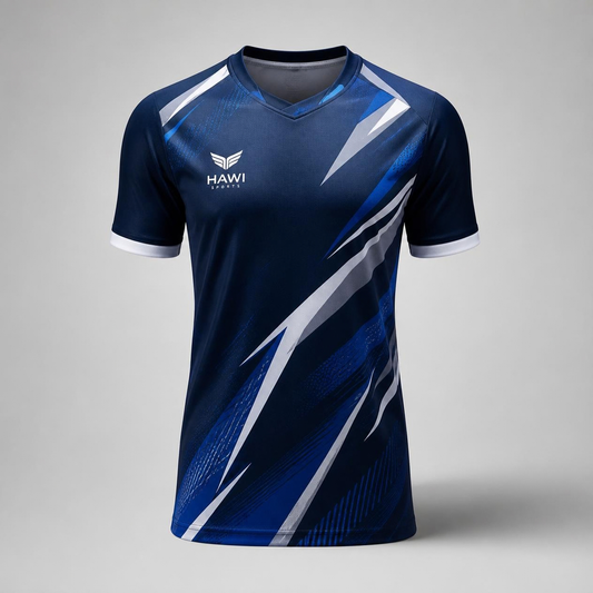 Blue Hawi Sports short-sleeve volleyball jersey with white angular graphics