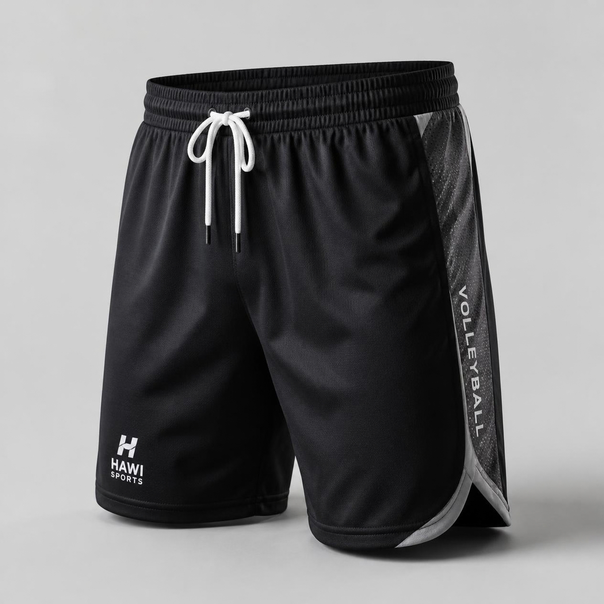 Black Hawi Sports volleyball shorts with white drawstring, gray trim and volleyball side panel
