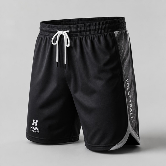 Black Hawi Sports volleyball shorts with white drawstring, gray trim and volleyball side panel