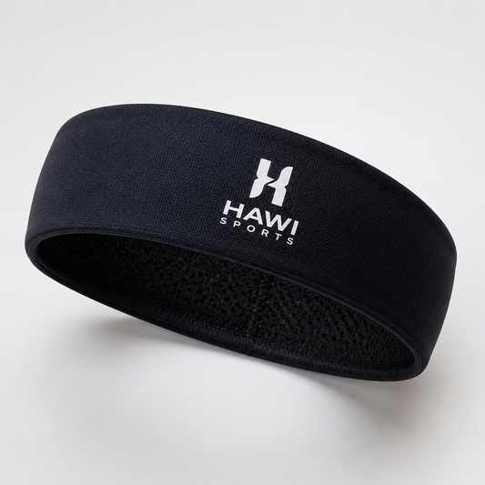 Black Hawi Sports volleyball headband with white brand logo on a light background
