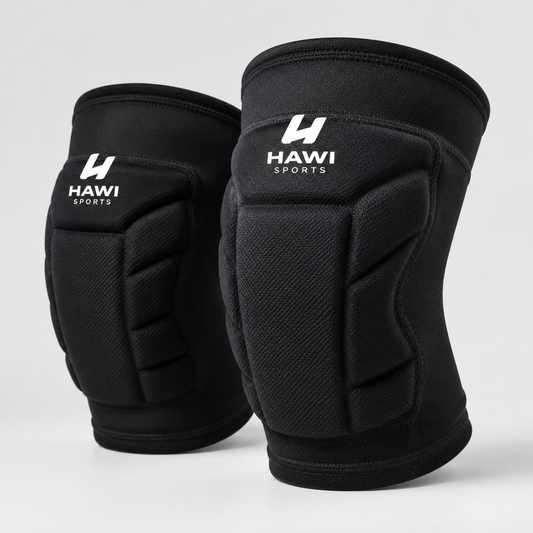 Pair of black padded Hawi Sports volleyball knee pads with white logos