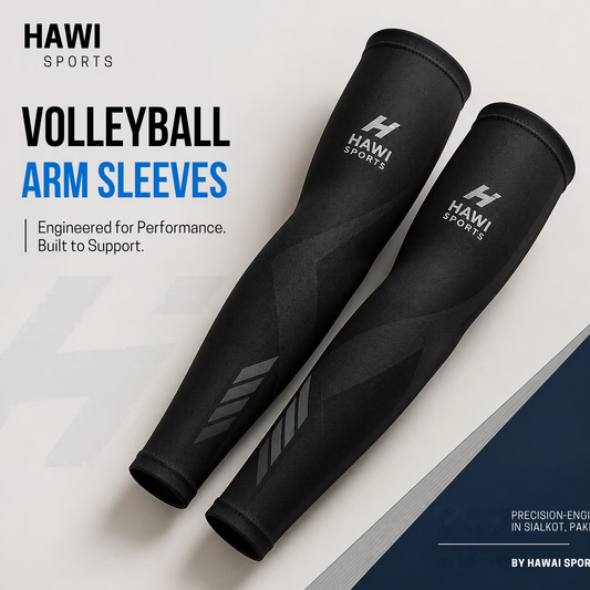 Pair of black Hawi Sports volleyball compression arm sleeves with white logos