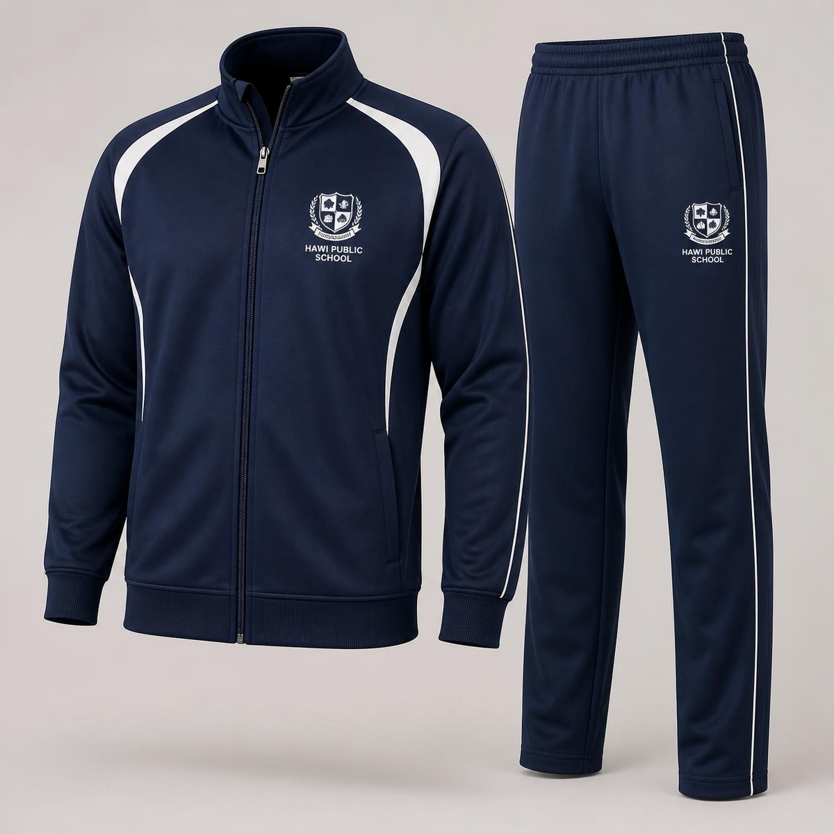 Navy school tracksuit with zip jacket and matching trousers with white piping